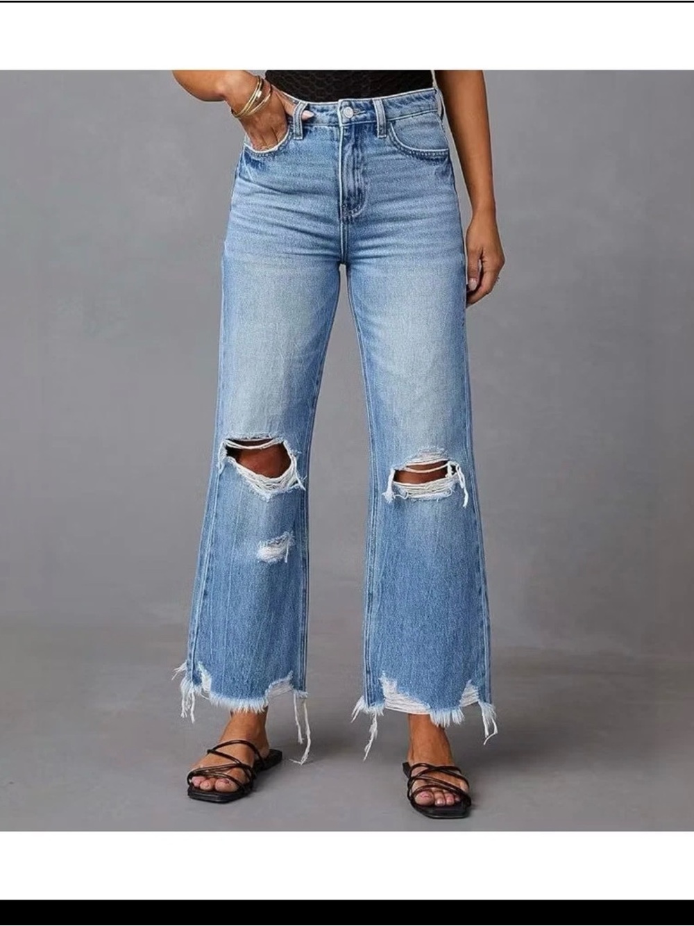 Garvee High-Rise Distressed Wide-Leg Jeans - Light Blue